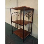 A Modern Three Tier Rectangular What-Not with Wrought Iron Supports,