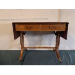 A Reproduction Two Drawer Crossbanded Drop Leaf Sofa Table with Lyre Supports,