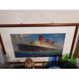A Large Framed Print Depicting the Maiden Voyage of the Queen Mary