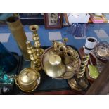 A Tray of Brass Wares to Include Shell Case Candle Sticks, Bell,