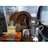 A Tray of Curios to Include Vintage Tin, Pewter Tankard, Onyx Box,