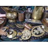 A Tray of Brass Ware to Include Jugs, Horse Brasses,