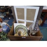 A Vintage Covent Garden Box Containing Glass Oil Lamp, Photo Frame,