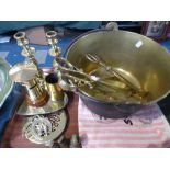 A Tray of Brass Ware to Include Pair of Candle Sticks, Jam Kettle,