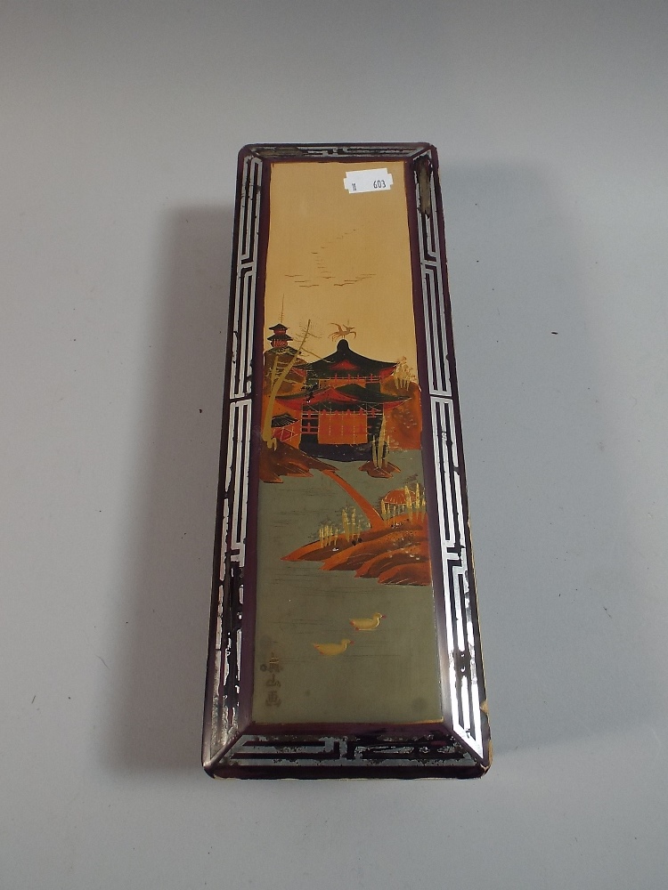 An Oriental Lacquered Rectangular Box with Signed Pagoda Decoration to Hinged Lid,