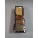 An Oriental Lacquered Rectangular Box with Signed Pagoda Decoration to Hinged Lid,