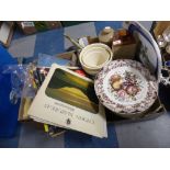 A Box Containing Stoneware Hotwater Bottles, Decorated Plate, Meat Plate, Fish Jug,