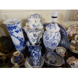 A Tray of Blue and White China to Include Table Lamp, Wall Pocket,