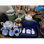 A Tray Containing Blue and White and Green and White Jasperware, Royal Doulton Tavern Jug,