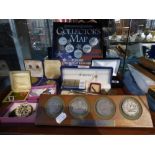 A Collection of Various Medallions and Medals Including Donald Trump, Pens,