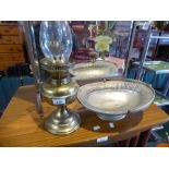 A Brass Oil Lamp and Silver Plated Cake Basket