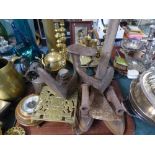 A Tray Containing Four Flat Irons, Shoe Last, Brass Tea Pot Stand,