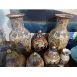 A Tray Containing Three Pairs of Satsuma Style Vases and One Other