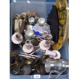 A Box Containing Silver Plate Tankards, Light Fittings,