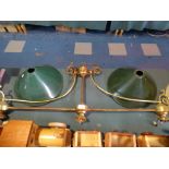 A Ceiling Hanging Brass Light Fitting with Two Green Enamelled Shades,