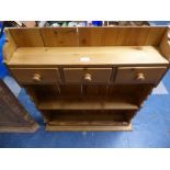 A Wall Hanging Pine Kitchen Shelf Unit with Three Base Drawers,