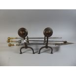 A Pair of Georgian Style Fire Dogs with Three Piece Brass Handled Companion Set
