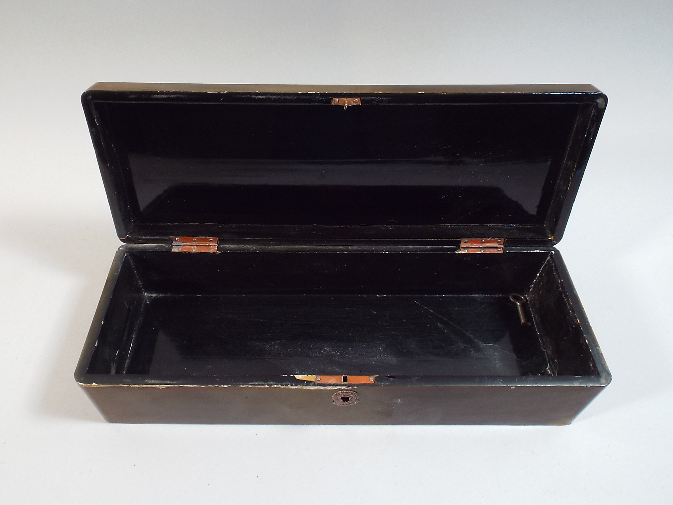 An Oriental Lacquered Rectangular Box with Signed Pagoda Decoration to Hinged Lid, - Image 3 of 3