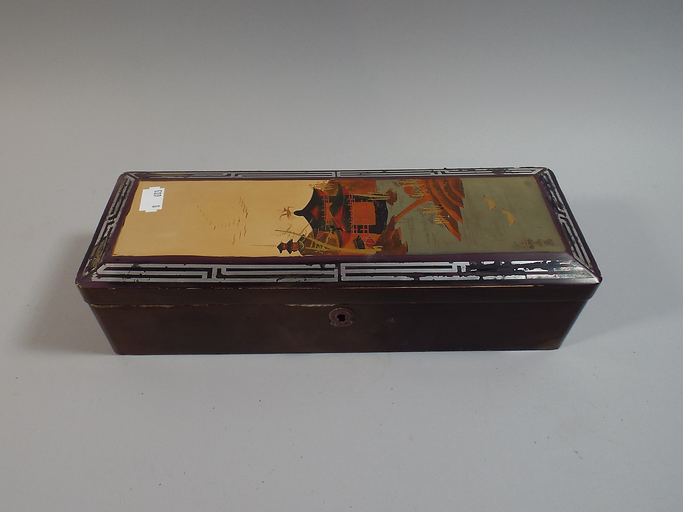 An Oriental Lacquered Rectangular Box with Signed Pagoda Decoration to Hinged Lid, - Image 2 of 3