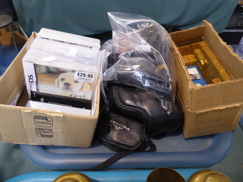 A Tray of Sundries to Include Three Cameras, Sound Level Indicator,