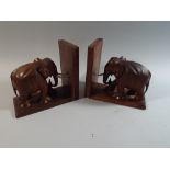 A Pair of 1920's Carved Wooden Mahogany Bookends with Elephant Decoration,