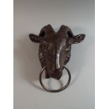 A Cast Bronze Effect Wall Hanging Ring Tie with Rams Head, 26 cm High,
