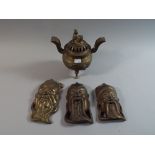 An Oriental Bronze Censer with Three Feet together with Three Bronze Oriental Masks of Elders