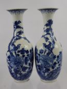 A Pair of Antique Chinese Blue and White Vases, depicting birds amongst flowering tree peony and