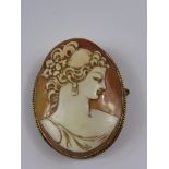 An Antique 9ct Gold Mounted Shell Cameo Brooch, depicting a lady, approx 4.5 x 5.5 cms, approx 19