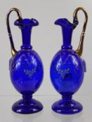 A Pair of Antique Bristol Blue Enamel Painted Vases, approx 27 cms high.