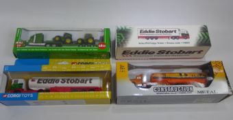 Four Die Cast Haulage Trucks, including 'Eddie Stobart Volvo Fridge Trailer', 'Siku Farm Low