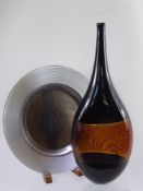 Bob Crooks, Devon, Studio Glass Amber Coloured Flask Vase, ribbed band to centre, signed etched