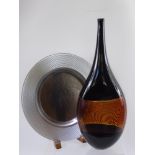 Bob Crooks, Devon, Studio Glass Amber Coloured Flask Vase, ribbed band to centre, signed etched