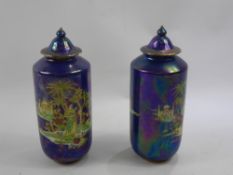 Two Carlton Ware Lustre Vases and Covers, depicting figures in a garden, nr 2884, approx 18 cms