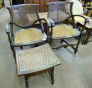 Two Oak Framed French Style Bergère Chairs, together with a matching footstool. (3)