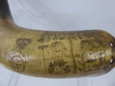 An Antique Bovine Horn Flask, engraved with Adam and Eve, with family motto Anderson, approx 37