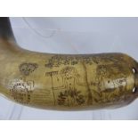 An Antique Bovine Horn Flask, engraved with Adam and Eve, with family motto Anderson, approx 37