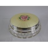 A Vintage Enamel and Cut Glass Powder Bowl, the bowl having solid silver gilded lid, Birmingham