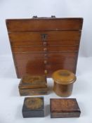 A Mahogany Collection Box, with five drawers together with four boxes, one cylindrical and one stamp