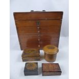 A Mahogany Collection Box, with five drawers together with four boxes, one cylindrical and one stamp