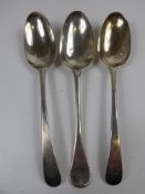 Three Solid Silver Georgian Table Spoons, London hallmark, various dates, approx 180 gms.