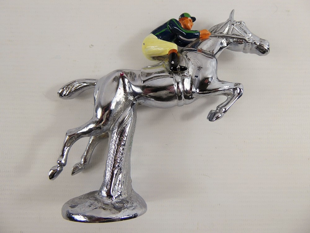 A Chrome Figure of a Race Horse, and enamel jockey