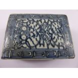 Antique Chinese Blue and White Box, the interior of the box depicting a Chinese inscription. The