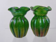A Pair of Bohemian Art Nouveau Green Lustre Vases, in the Kralik style, approx 10 cms