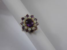 A Lady's 9 ct Amethyst and Opal Ring, the centre amethyst 9 x 7mm, 10 x 3mm amethysts and 10 x 3mm