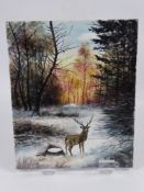 James Skerret Hand Painted Tile, depicting a Stag in a Woodland Setting, approx 20 x 25 cms Note: