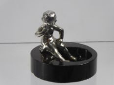 An Art Deco Style Chrome and Marble Pin Dish, with a small chrome figure of a cherub, approx 8 cms