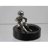 An Art Deco Style Chrome and Marble Pin Dish, with a small chrome figure of a cherub, approx 8 cms