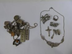 Miscellaneous Silver and Marcasite Jewellery, including charm bracelet, marcasite ring, ingot and
