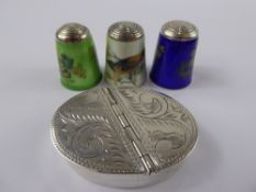 Three Fine Silver and Enamel Thimbles, floral design on ivory, cobalt and green ground together with